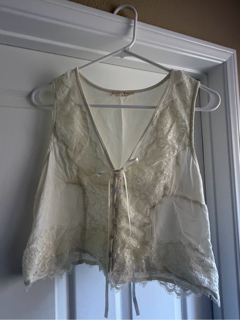 Silk Lace-Trim Sleeveless Blouse in Cream